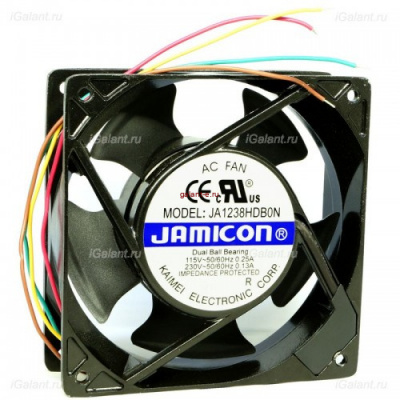 Вентилятор JA1238HDB-L, вентилятор 220В, 1800 об/мин., 120х120х38мм, один подшипник качения пюс один подшипник скольжения, тип вывода - провод 